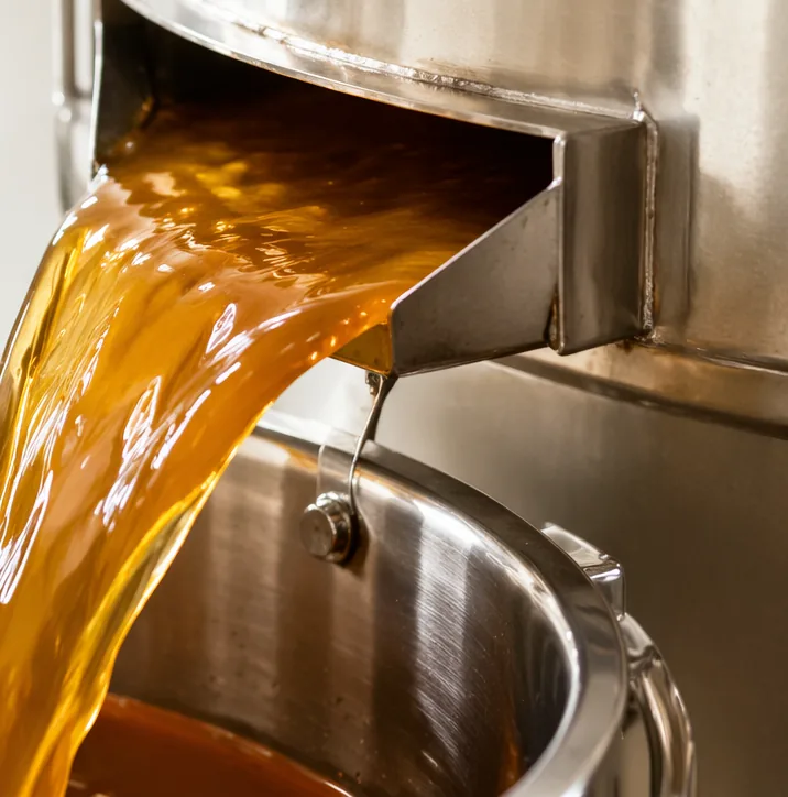 Amber wort running off from the lauter vessel into a stainless brew kettle